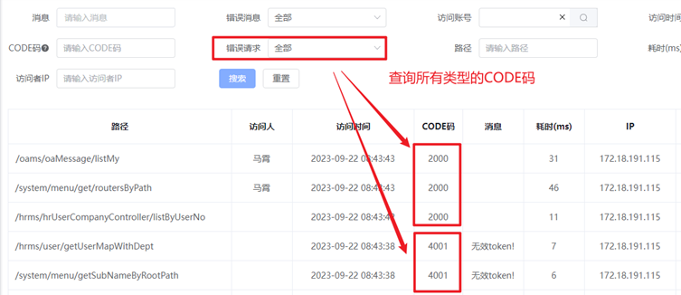 是：仅查询非2000的CODE码（400X，500X）的日志记录，如下图所示：